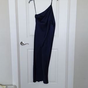 asos design one shoulder midaxi dress in satin with drape back